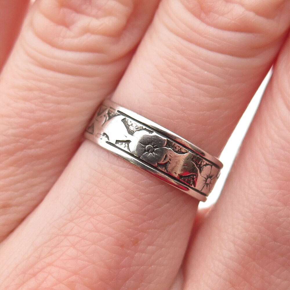 Uncas 925 Sterling Silver Antique Art Deco Forget Me Not Band Ring Size 6.75